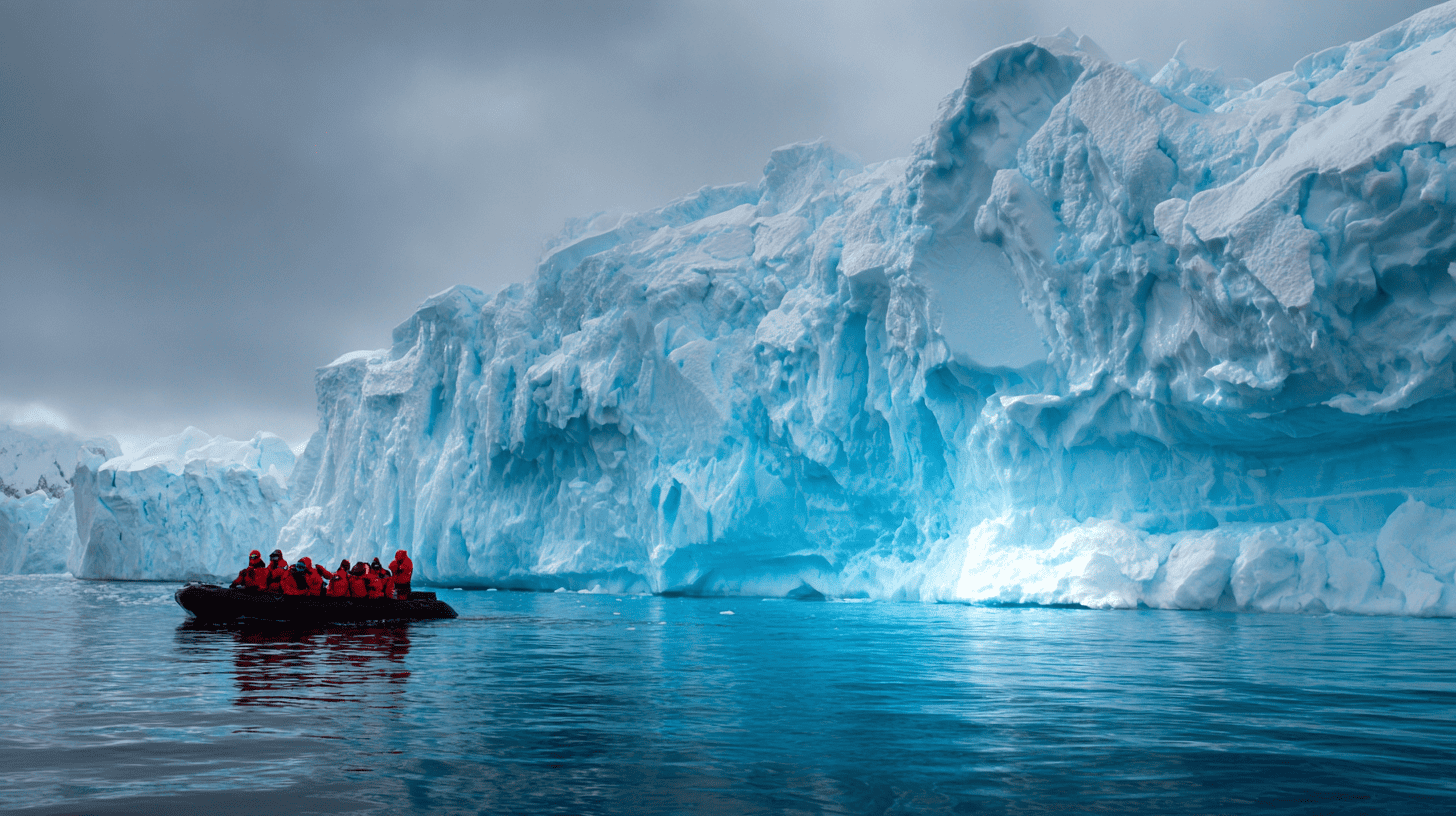 Débarquement en zodiac lors d'une croisière d'expédition en Antarctique avec icebergs majestueux