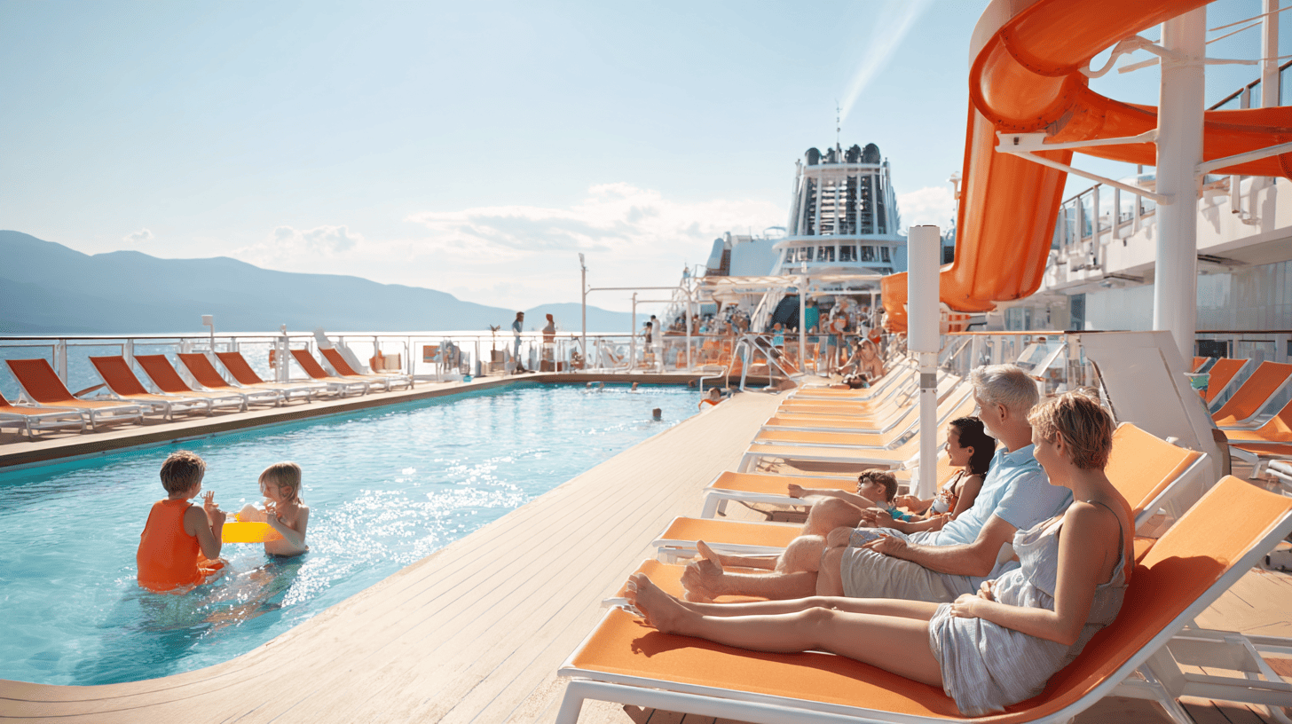 Famille profitant des installations aquatiques sur le pont d'un navire de croisière moderne en Méditerranée