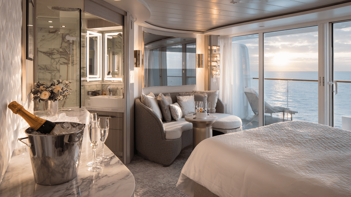 Suite de luxe à bord d'un navire de croisière haut de gamme avec vue panoramique sur l'océan